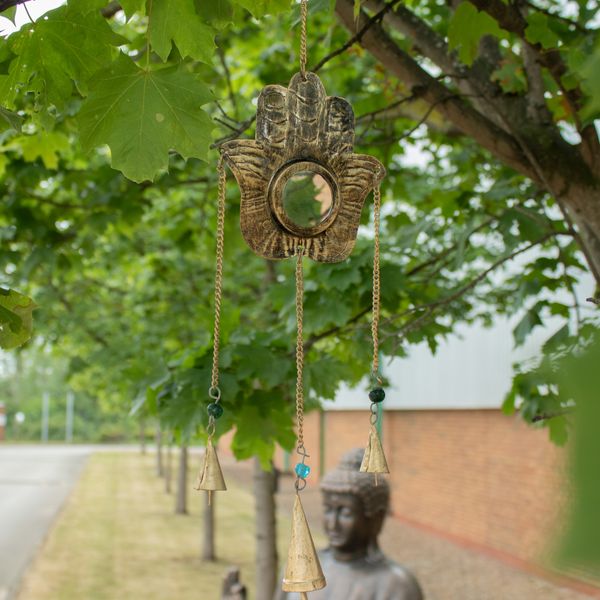 Carillons indiens - Hamsa miroir petit 3 cloches - 14x55 cm