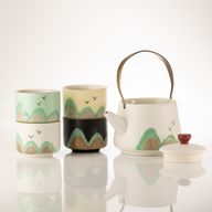 Mille milles - Service à thé - Quatre tasses - linge cérémoniel et poignée en bambou
