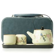 Ensemble de thé de voyage et deux tasses - Oiseau bleu de la dynastie Qing