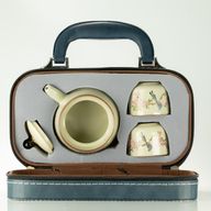 Ensemble de thé de voyage et deux tasses - Oiseau bleu de la dynastie Qing