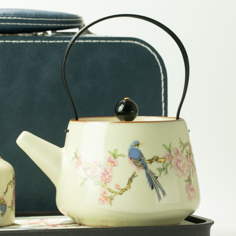 Ensemble de thé de voyage et deux tasses - Oiseau bleu de la dynastie Qing