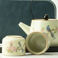 Ensemble de thé de voyage et deux tasses - Oiseau bleu de la dynastie Qing