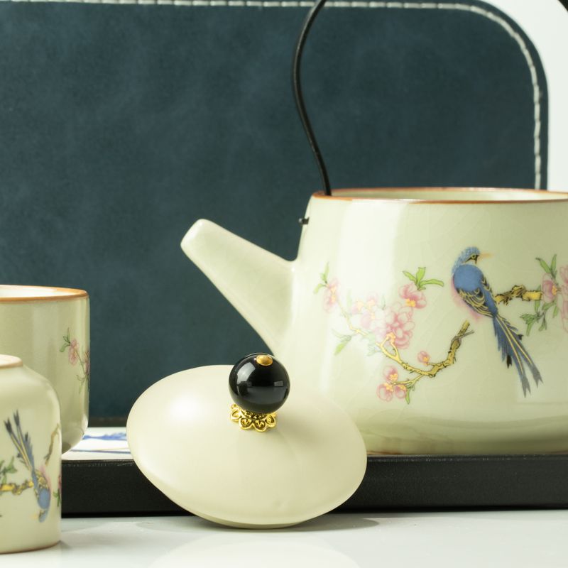 Ensemble de thé de voyage et deux tasses - Oiseau bleu de la dynastie Qing