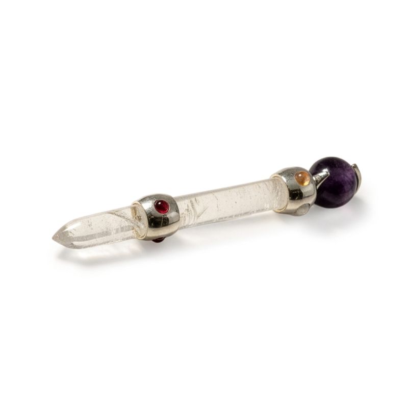 Baguette prismatique céleste - Sphère en cristal mouvante d'améthyste - Tige en quartz - 12 cm