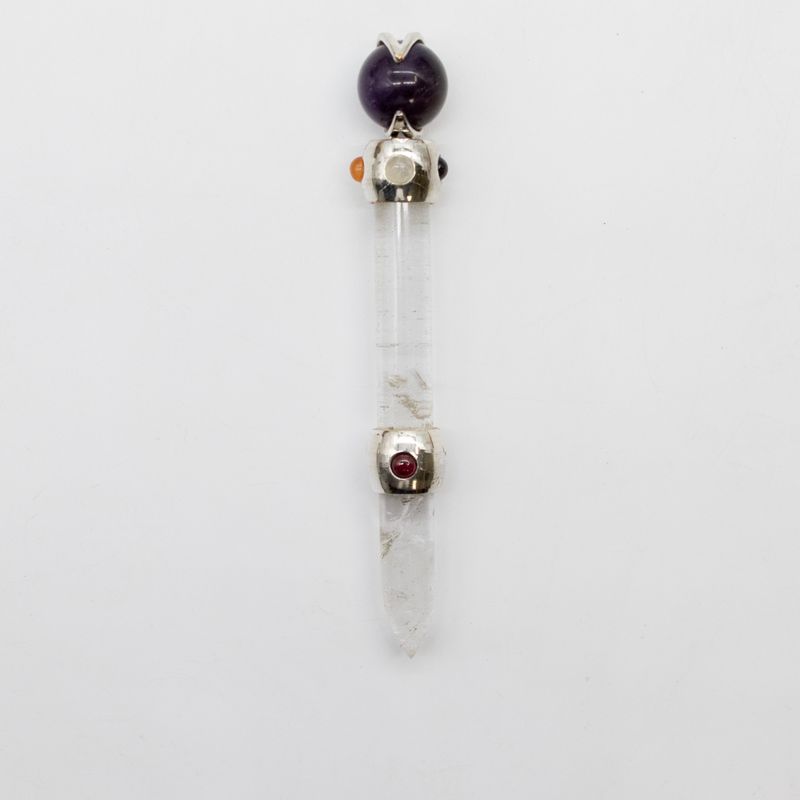 Baguette prismatique céleste - Sphère en cristal mouvante d'améthyste - Tige en quartz - 12 cm