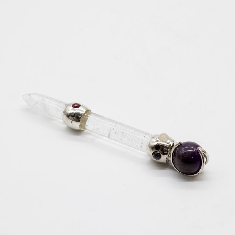 Baguette prismatique céleste - Sphère en cristal mouvante d'améthyste - Tige en quartz - 12 cm