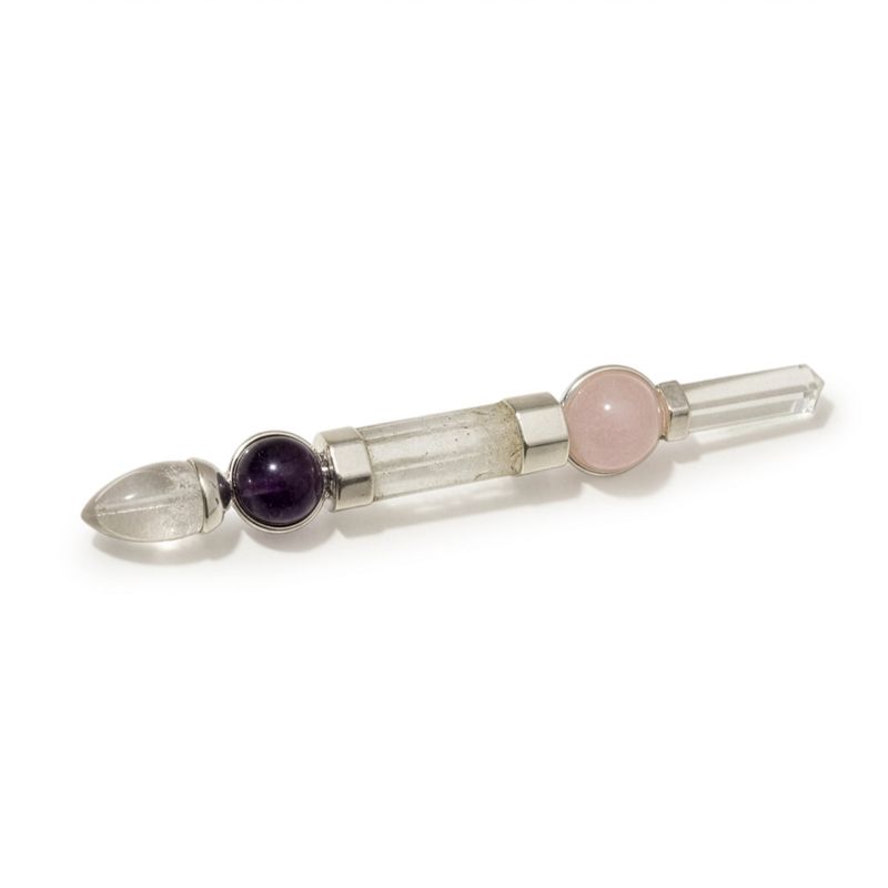Bâton de l'Axe de Grâce - Sphères d'améthyste et de quartz rose, tige en quartz - 12 cm