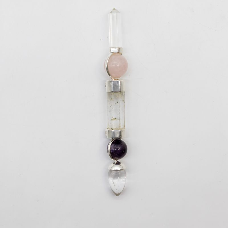 Bâton de l'Axe de Grâce - Sphères d'améthyste et de quartz rose, tige en quartz - 12 cm