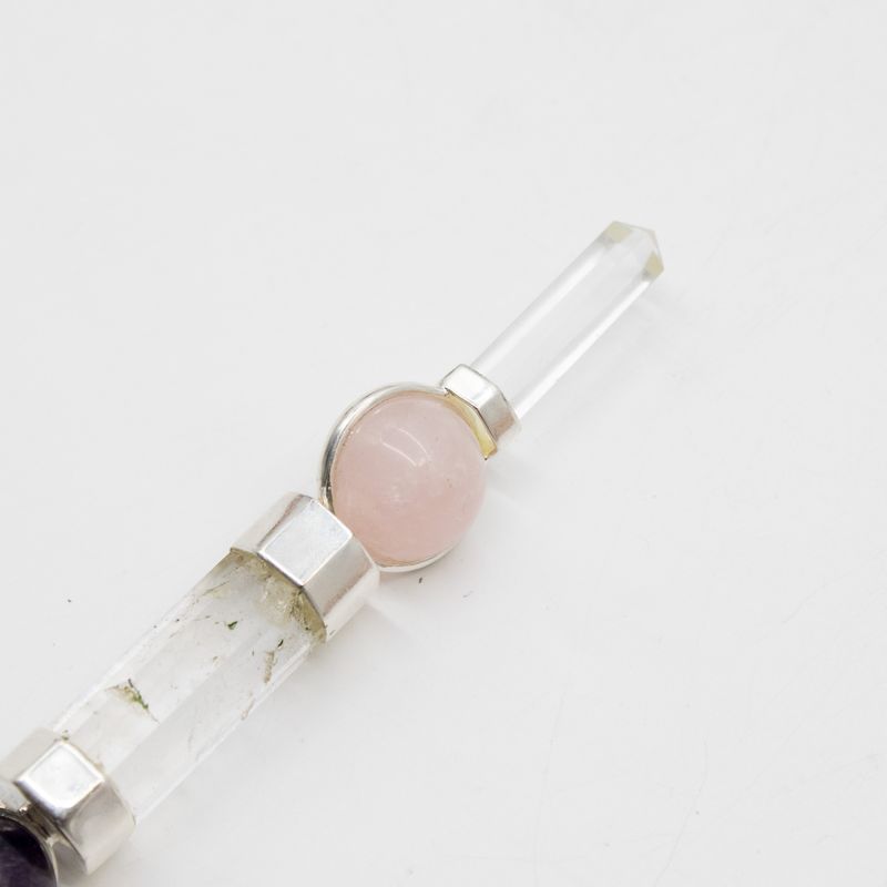 Bâton de l'Axe de Grâce - Sphères d'améthyste et de quartz rose, tige en quartz - 12 cm