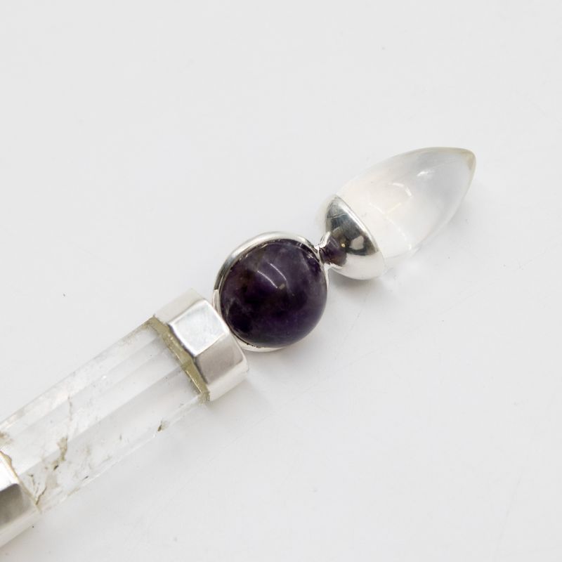 Bâton de l'Axe de Grâce - Sphères d'améthyste et de quartz rose, tige en quartz - 12 cm