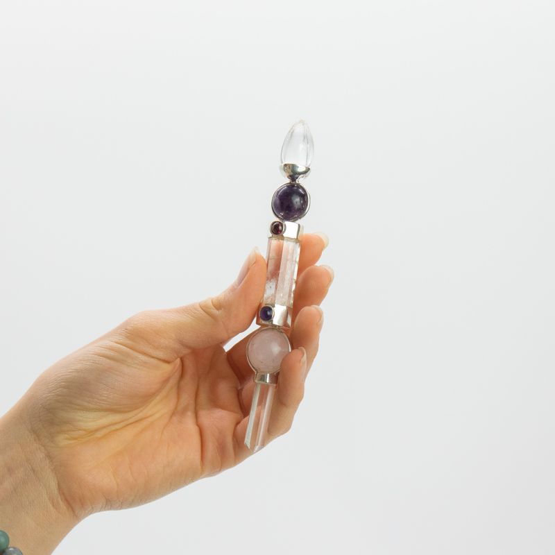 Bâton de l'Axe de Grâce - Sphères d'améthyste et de quartz rose, tige en quartz - 12 cm