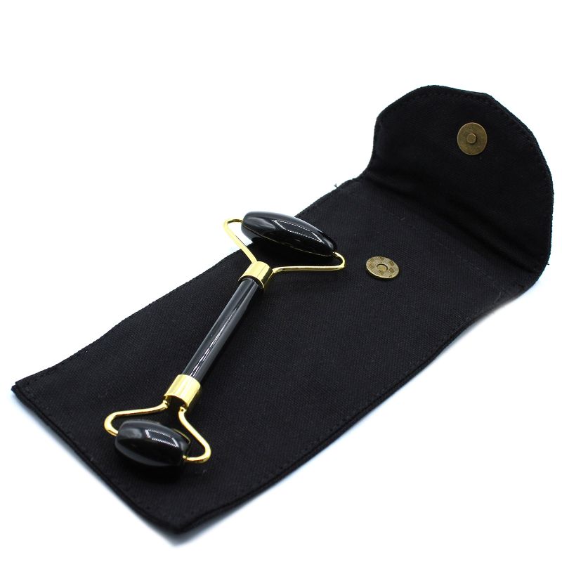 Rouleau facial en pierre précieuse - obsidienne noire avec pochette