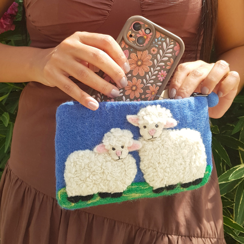 Pochette zippée en feutre de mouton, style campagne classique (3 assorties)