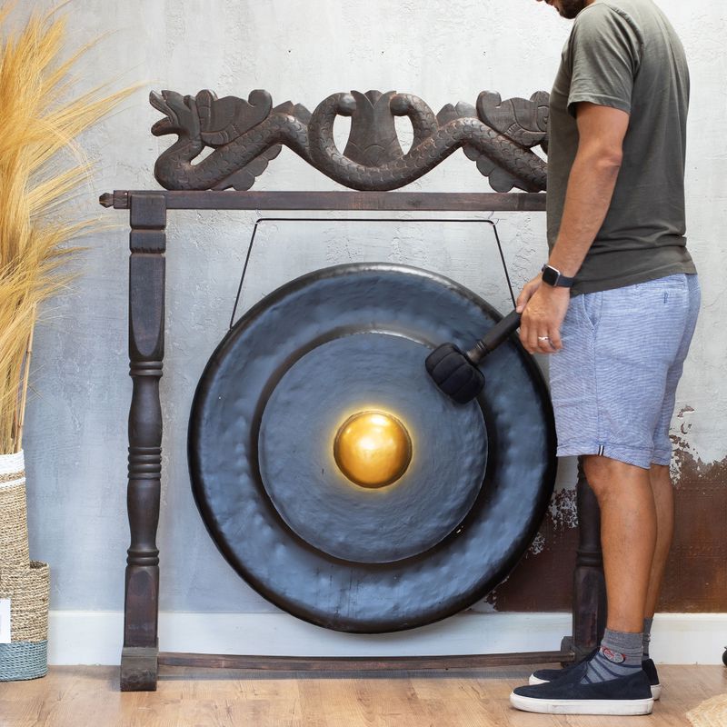 Grand gong sur socle antique brun - 80 cm - Noir