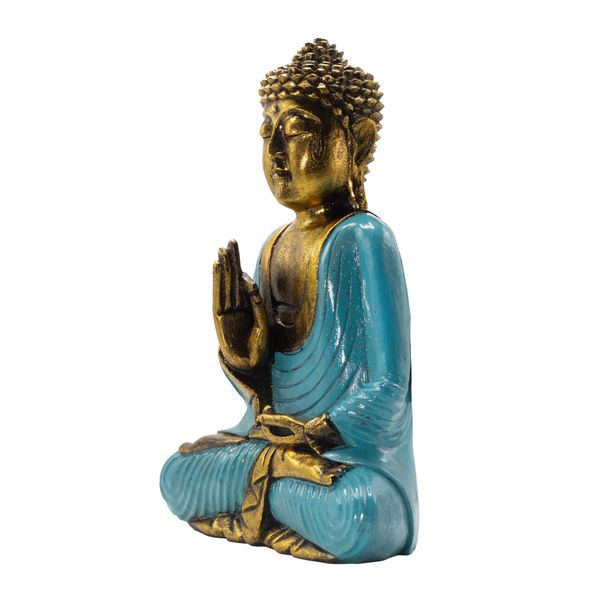Bouddha bleu-vert et doré - Très grand 40 cm - Mudra Vitarka (Sagesse)