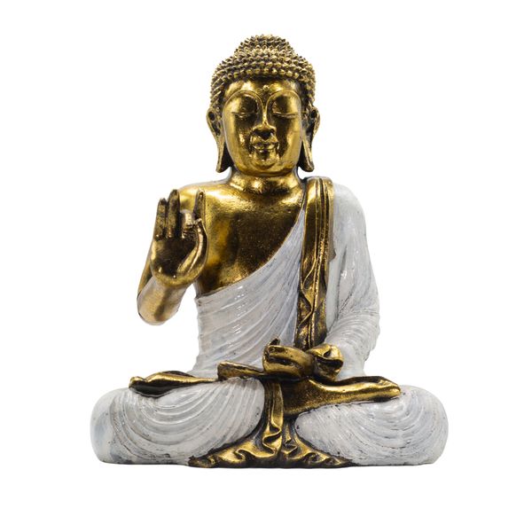 Buddha blanc et doré - Très grand 40 cm - Abhaya Mudra (Pas de peur)