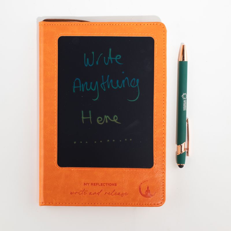 Carnet d'intentions - Écran LCD effaçable - Aspect cuir orange - Feuille de laiton - 80 feuilles