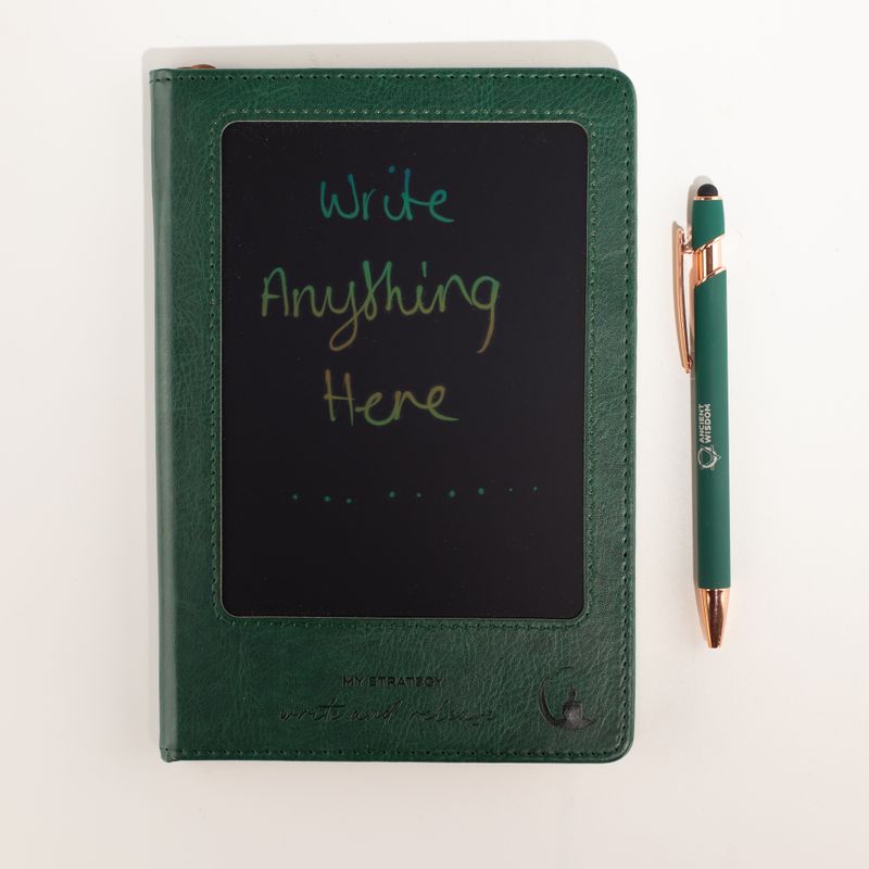 Carnet d'intention - Écran LCD effaçable - Effet cuir vert - Feuille de laiton - 80 feuilles