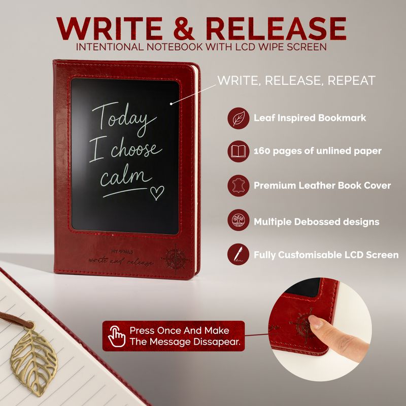Cahier d'intentions A5 - Écran LCD effaçable - Effet cuir rouge - 80 feuilles