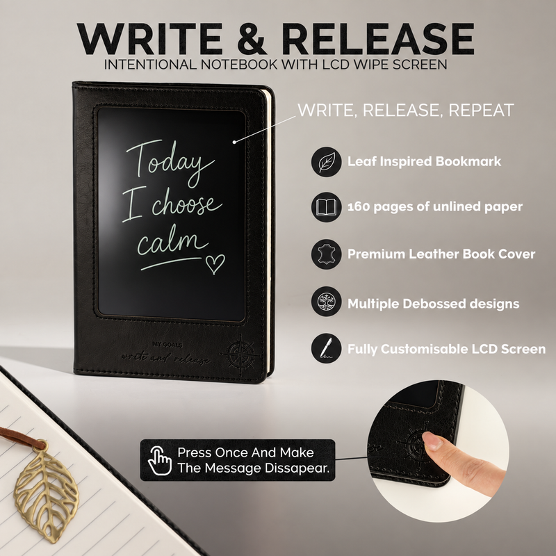 Cahier d'intention A5 - Écran LCD effaçable - Aspect cuir noir - 80 feuilles