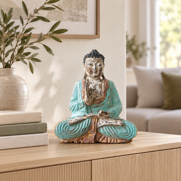 Statue de Bouddha sculptée à la main à la menthe vintage - 30 cm - Transmission pédagogique
