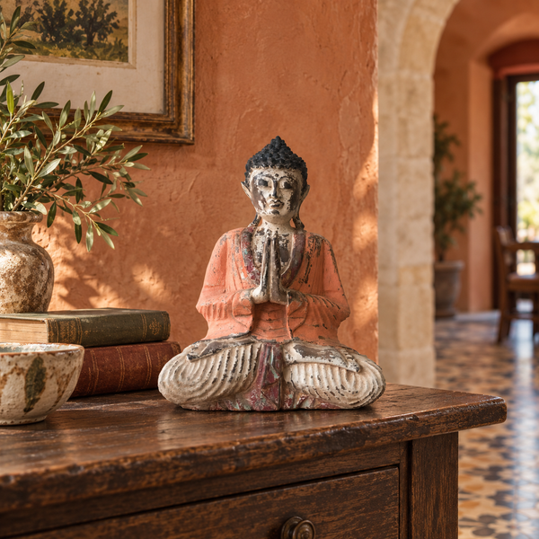 Statue de Bouddha Vintage Orange Sculptée à la Main - 30cm - Bienvenue
