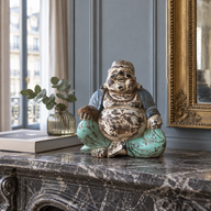 Statue de Bouddha taillée à la main bleu menthe vintage - 30 cm - Bouddha heureux