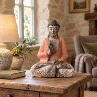 Statue de Bouddha orange vintage taillée à la main - 40 cm - Transmission des enseignements