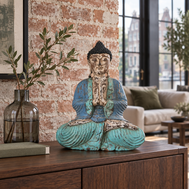 Statue du Bouddha sculptée à la main bleu menthe vintage - 40 cm - Bienvenue