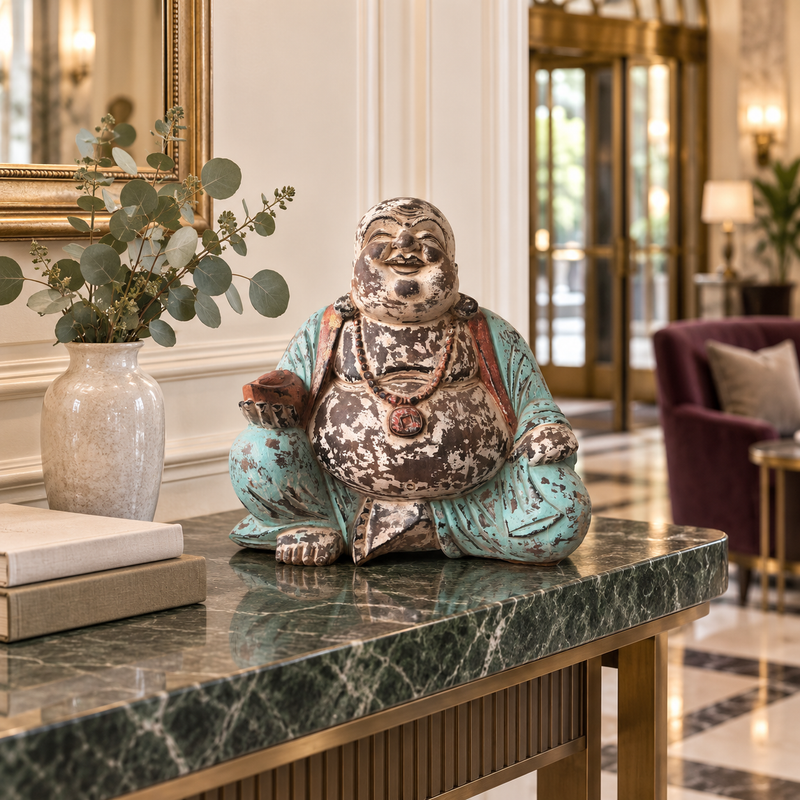 Statue de Bouddha taillée à la main - Menthe vintage - 40 cm - Bouddha heureux