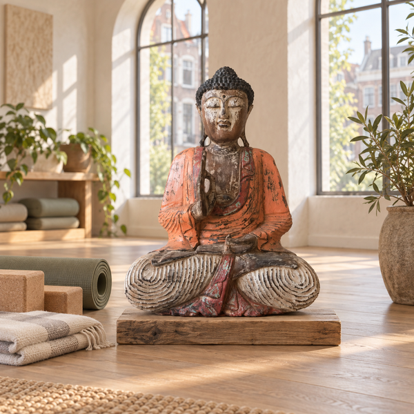 Statue de Bouddha sculptée à la main orange vintage - 60 cm - Transmission pédagogique