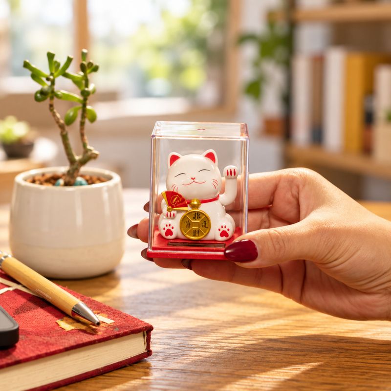 Mini chat porte-bonheur solaire dans une boîte - Blanc