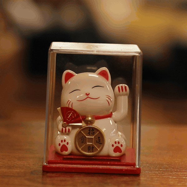 Mini chat porte-bonheur solaire dans une boîte - Blanc