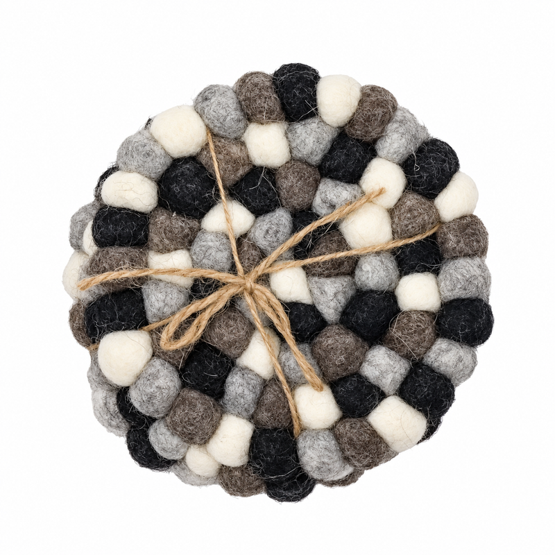 Sous-verres ronds en boules de feutre - 10 cm couleur gris multi (lot de 4)
