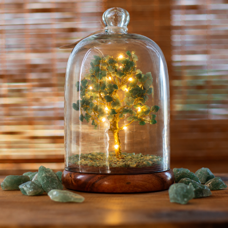 Jardin sous dôme en pierres naturelles - Aventurine verte et lumières LED - 200 éclats de pierre