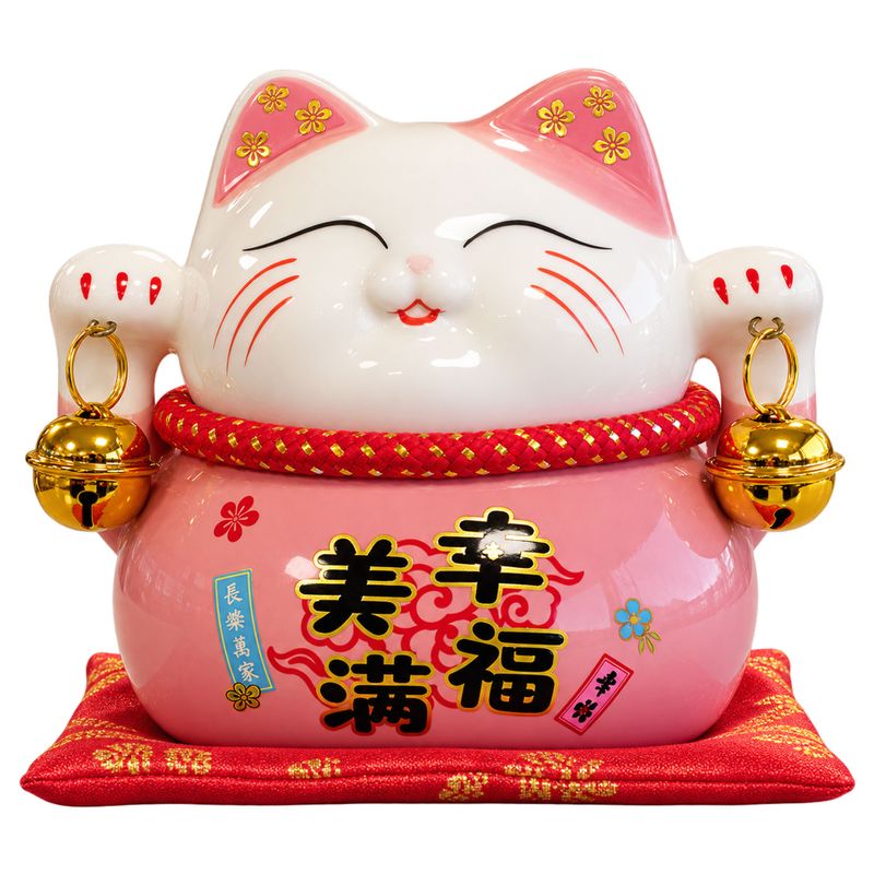 Tirelire Chat Porte-Bonheur en Céramique – Rose sur Coussin