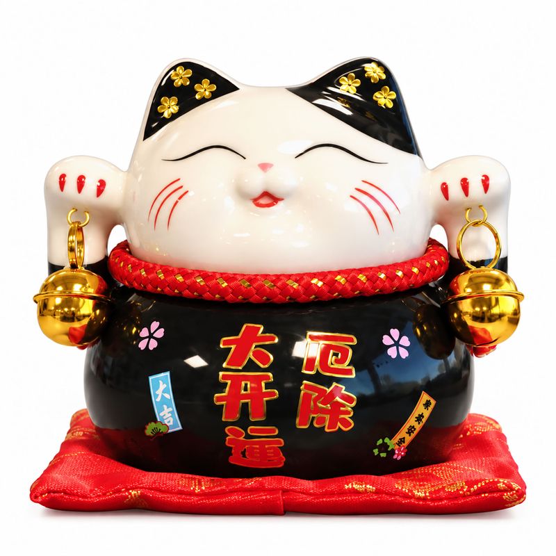 Tirelire Chat Porte-Bonheur en Céramique – Noir sur Coussin