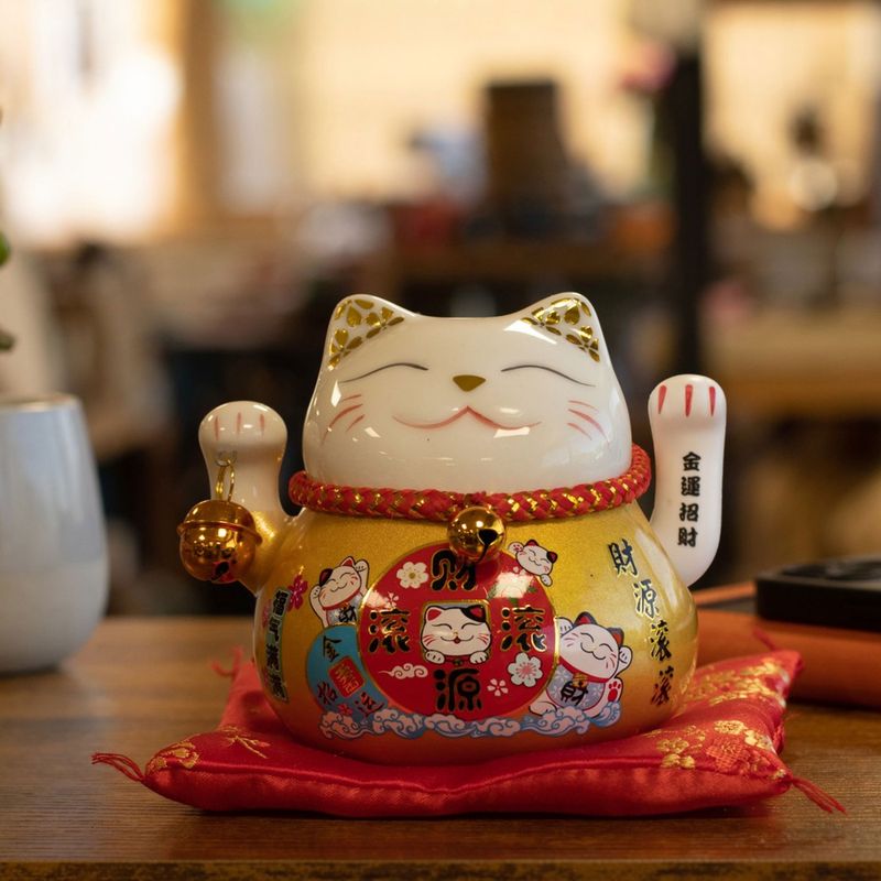 Chat porte-bonheur en céramique à patte mobile – Doré sur coussin (pile non incluse)