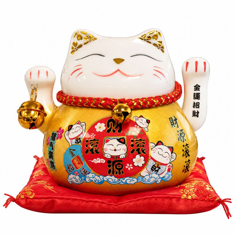 Chat porte-bonheur en céramique à patte mobile – Doré sur coussin (pile non incluse)