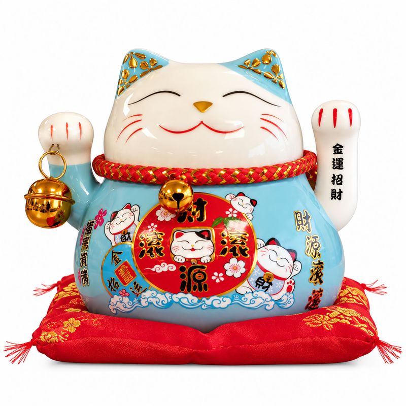 Chat porte-bonheur en céramique à patte mobile – Bleu sur coussin (pile non incluse)