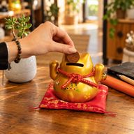 Tirelire Chat Porte-Bonheur en Céramique – Doré sur Coussin