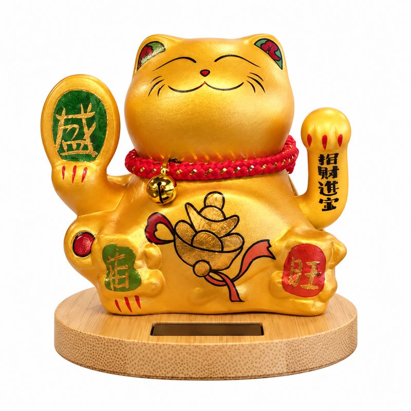 Chat Porte-Bonheur Solaire sur Socle en Bois – Doré à patte mobile