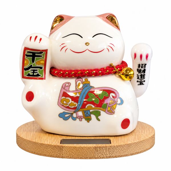 Chat Porte-Bonheur Solaire Rose Maneki Neko sur socle en bois - Main Mobile