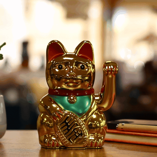 Chat Porte-Bonheur Doré - 15 cm