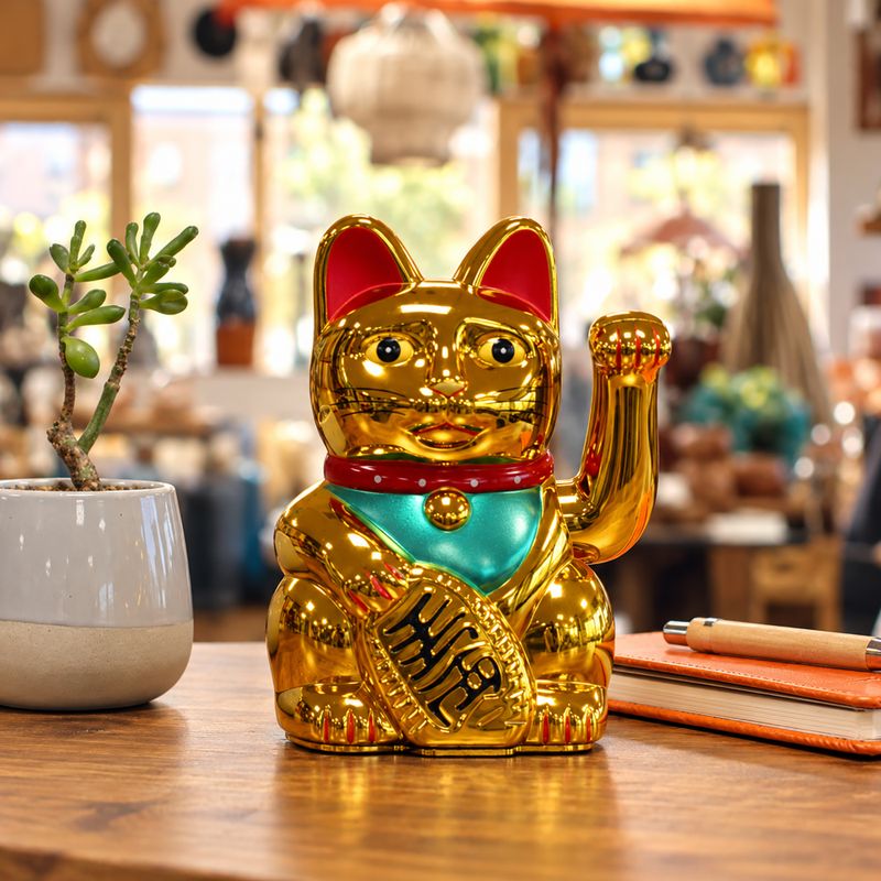 Chat Porte-Bonheur Doré – 15 cm