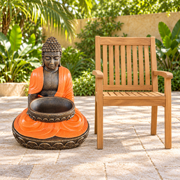 Grand Bouddha Assis en Terre Cuite et Pierre avec Bol - 80 cm