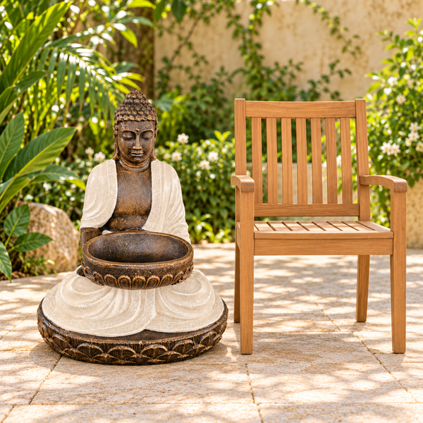 Grand Bouddha Assis en Sable et Pierre avec Bol - 80 cm