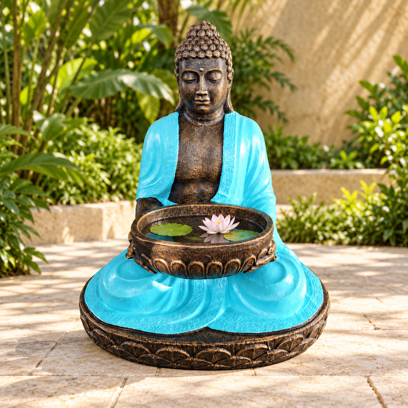 Grand Bouddha assis avec bol en turquoise et pierre 80 cm