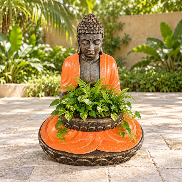 Grand Bouddha Assis en Terre Cuite et Pierre avec Bol - 80 cm