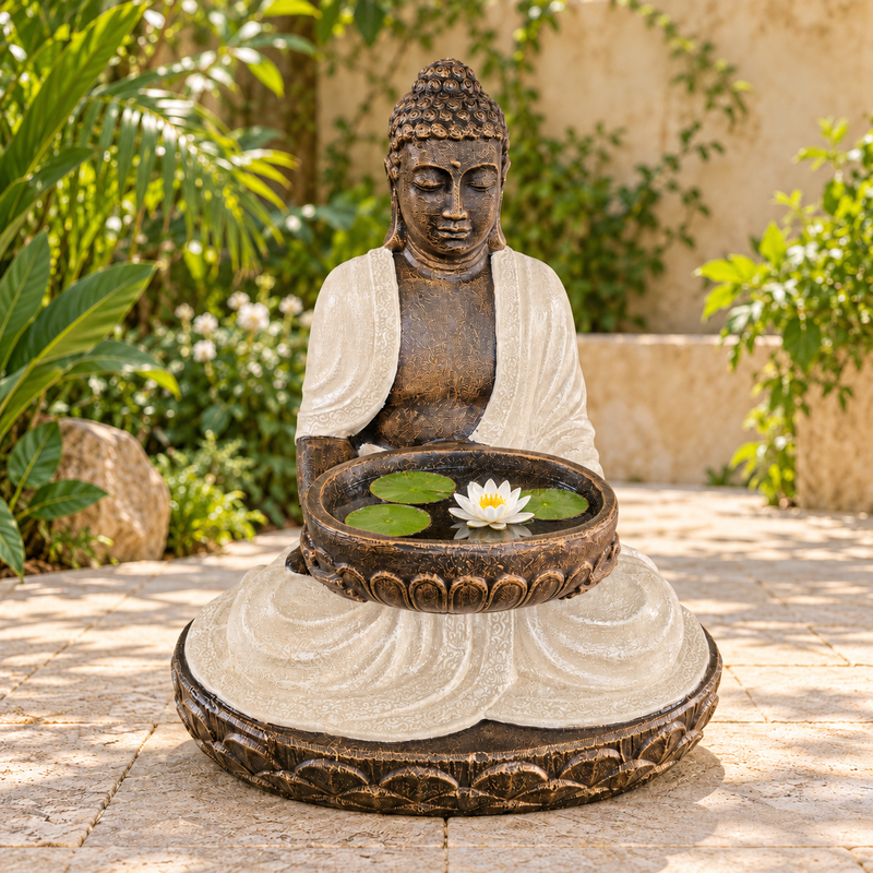 Grande statue de Bouddha assis avec bol en sable et pierre 80 cm
